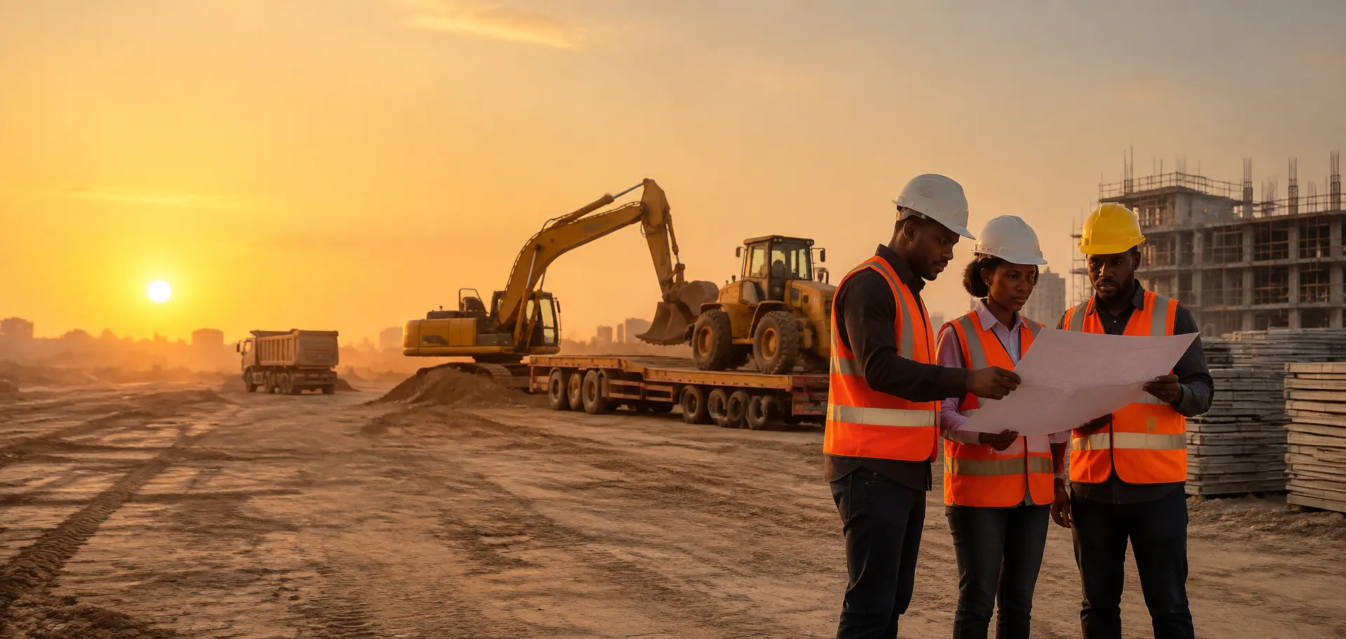 Civcom engineers reviewing plans on a construction site with excavator and low-bed truck