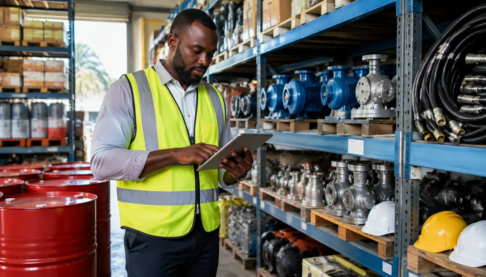 Procurement officer checking industrial pumps, valves, hoses and safety equipment in a supply warehouse