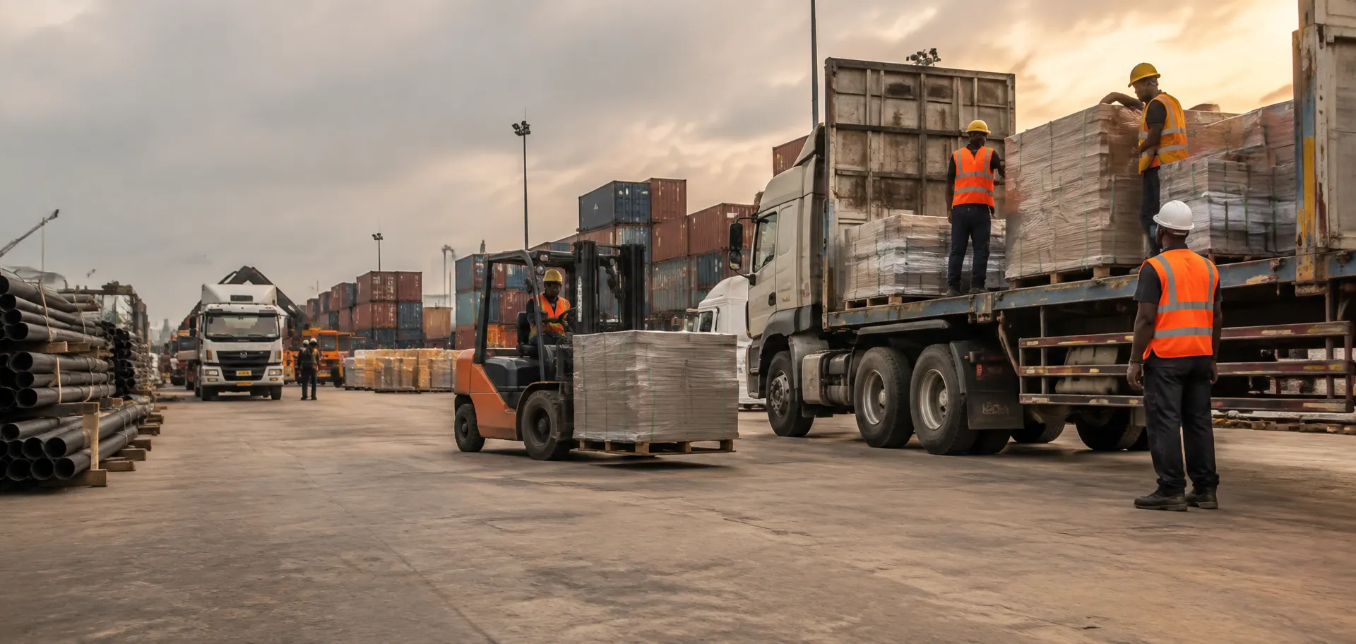 Haulage trucks and forklift loading construction materials at a logistics yard
